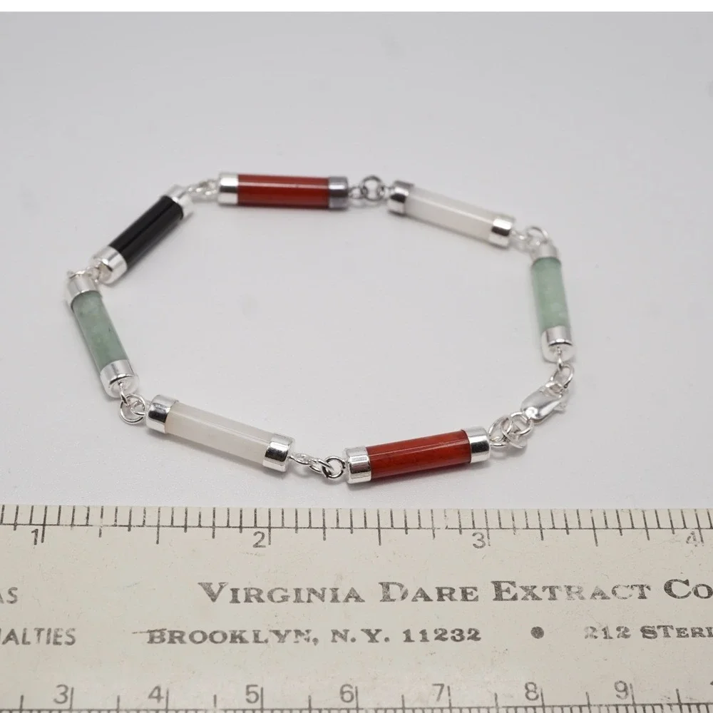 Sterling Silver Multi Stone Cylinder Bead Link Bracelet 7.5 Inch 925 Jade Onyx